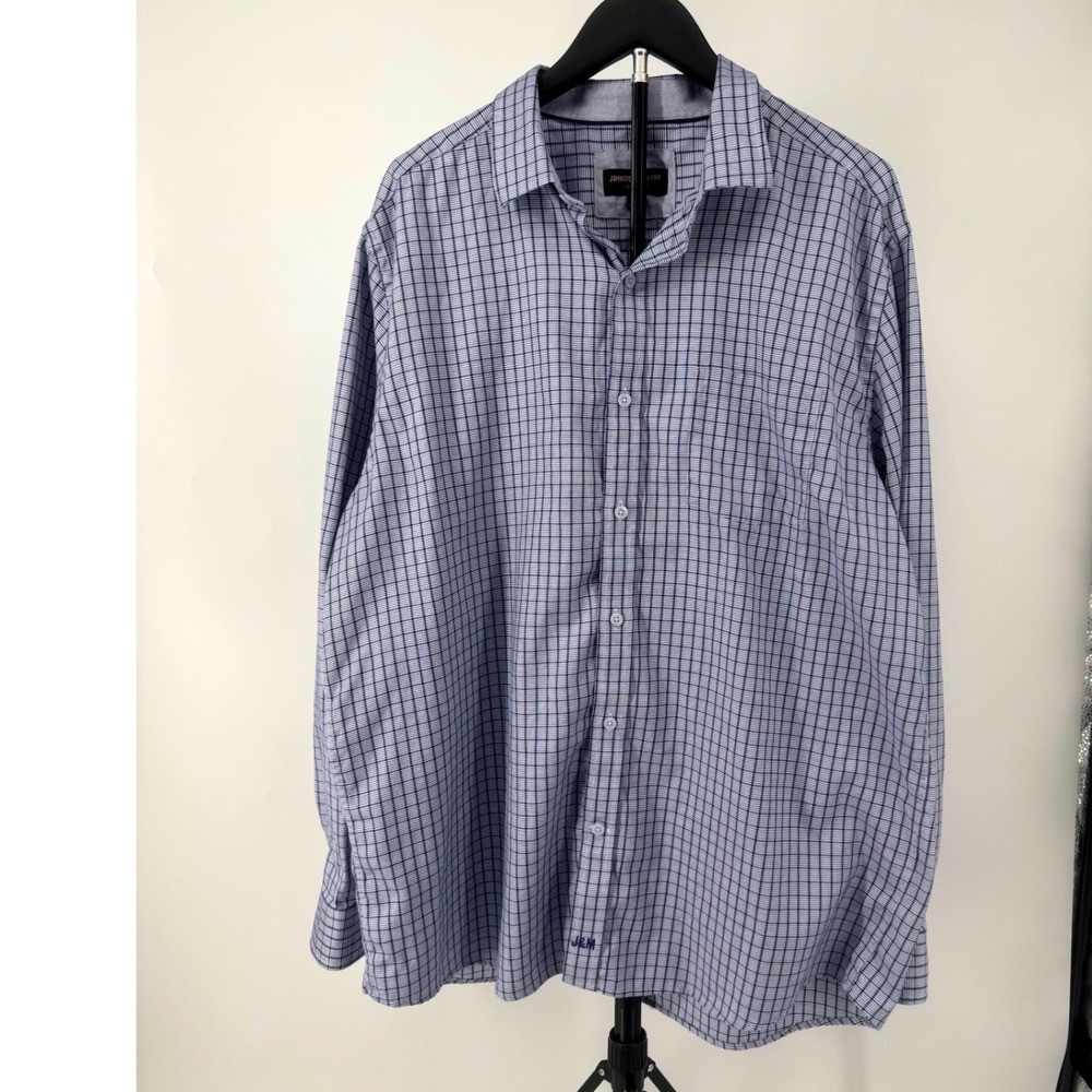 Johnston & Murphy Mens XL Blue White Plaid Cotton Long Sleeve Button Down Shirt